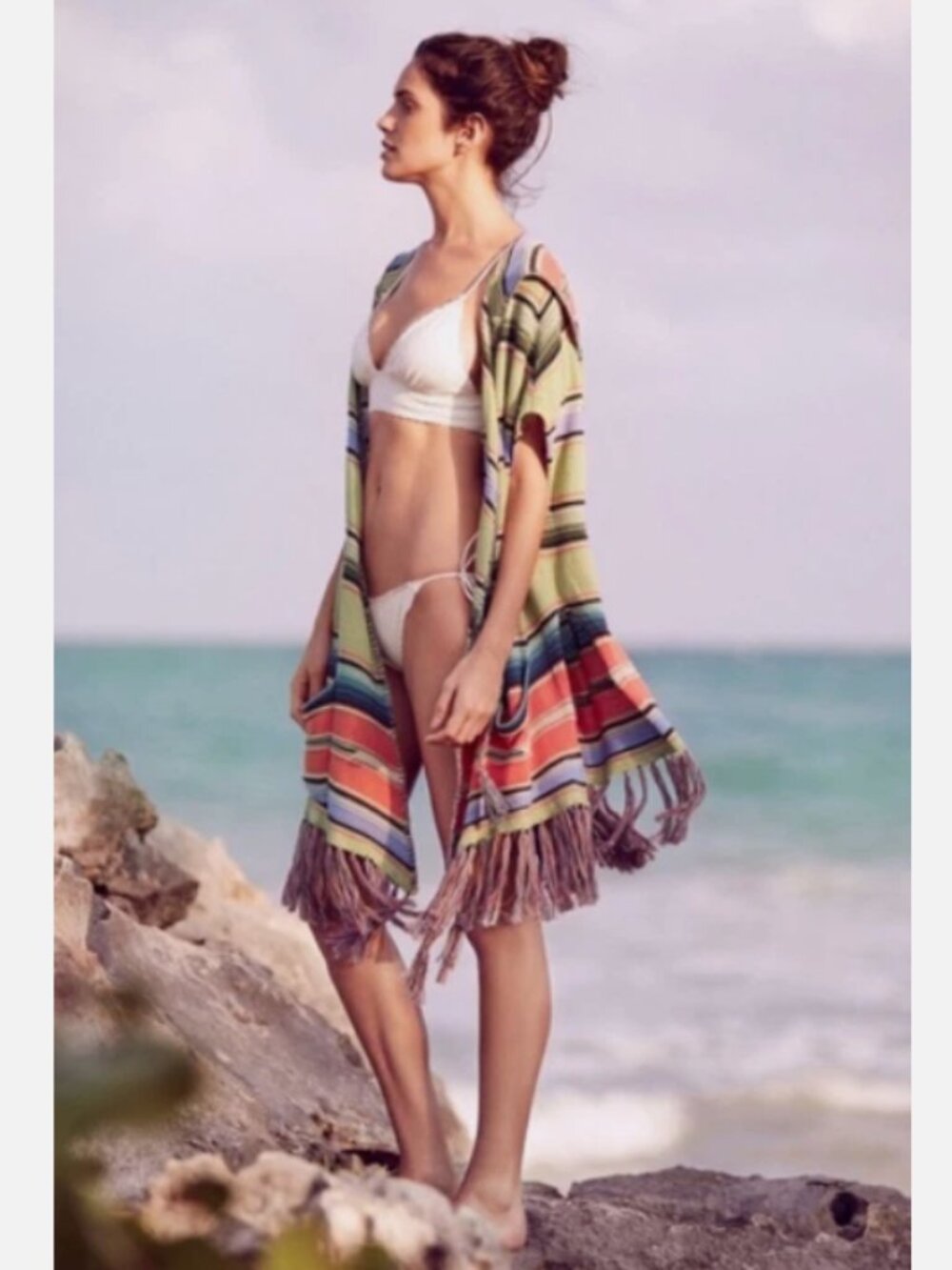 Anthropologie Calexico Fringe Poncho in Green Motif – Size XS/S